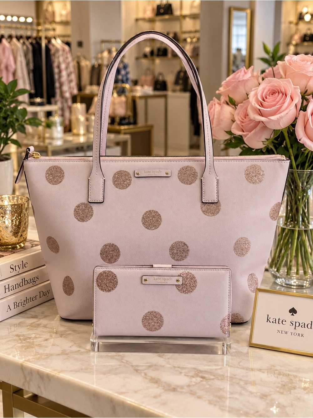 kate spade blush pink tote with glitter polka dots and matching wallet